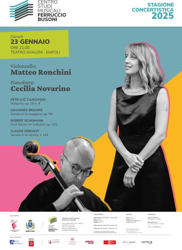 Stagione concertistica Busoni, in concerto il violoncellista Matteo Ronchini e la pianista Cecilia Novarino