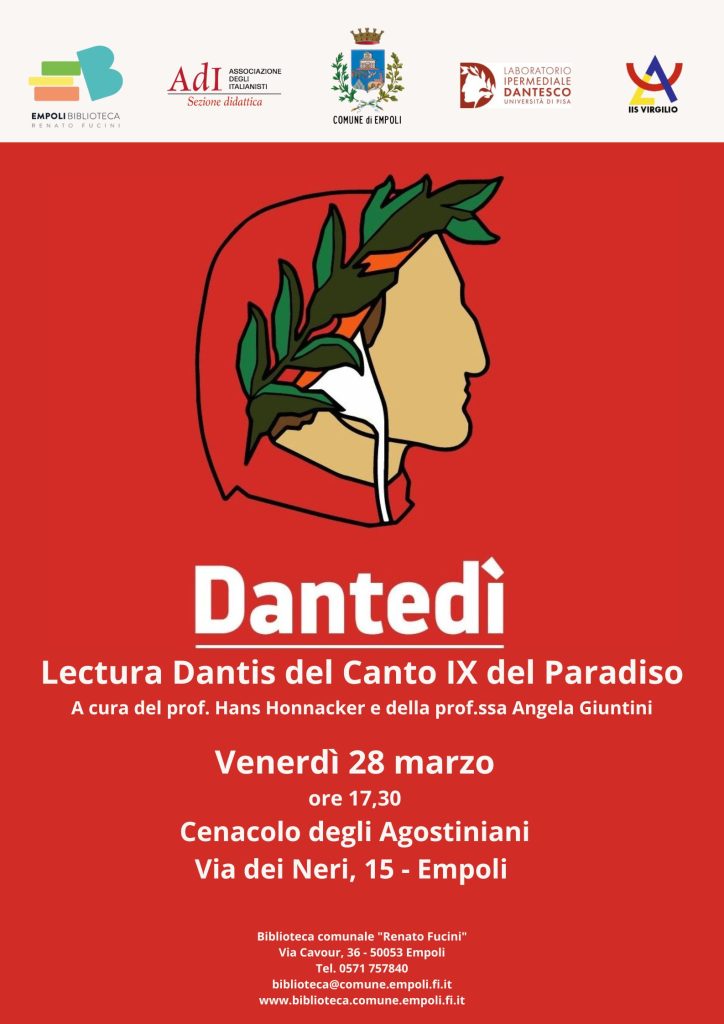 Empoli, “Dantedì”: lectura Dantis del canto IX del Paradiso