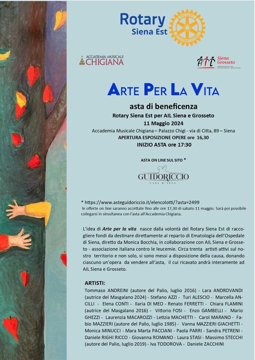 Arte per la vita, asta di beneficenza del Rotary Siena Est in favore del Reparto di Ematologia