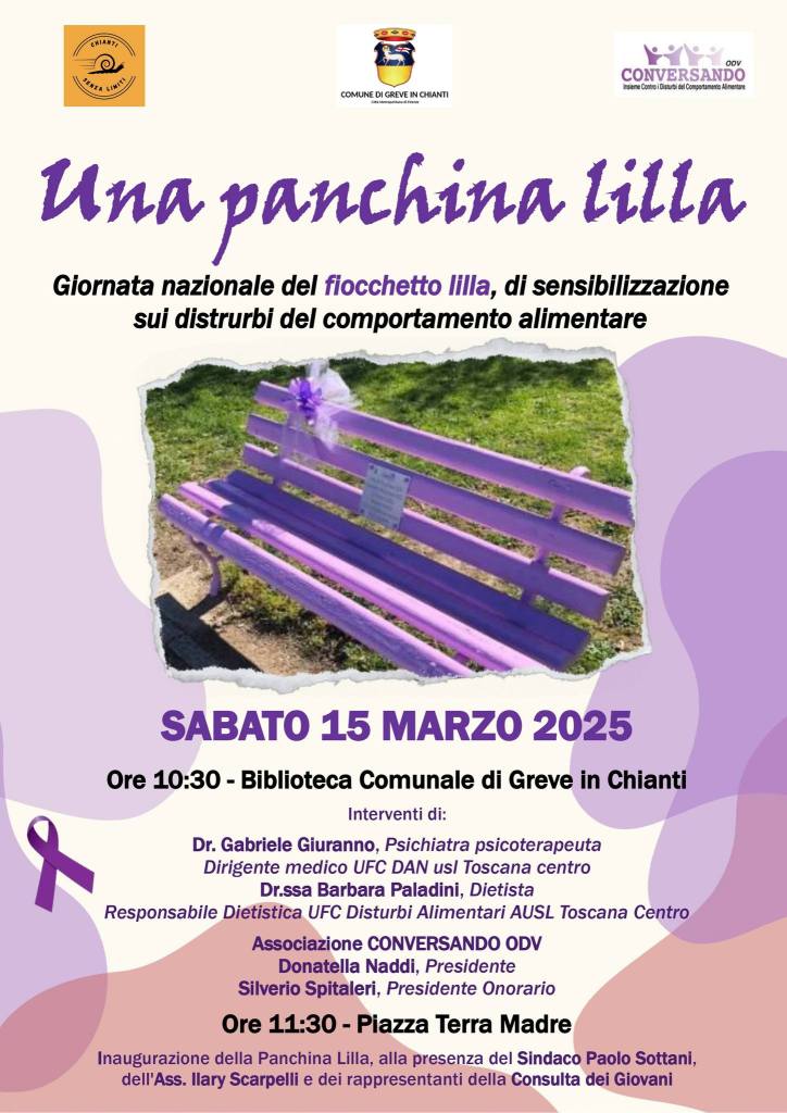 Greve, una panchina color lilla per sensibilizzare sui disturbi del comportamento alimentare