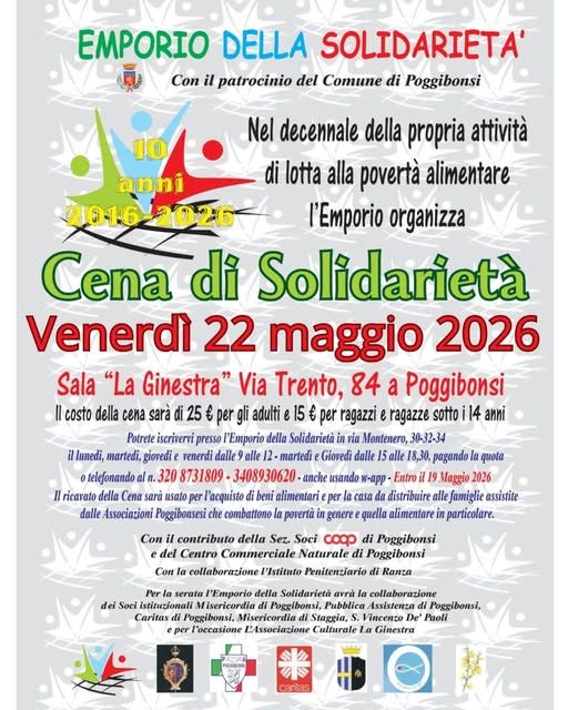 Poggibonsi si stringe attorno all&rsquo;Emporio: una cena solidale per celebrare dieci anni di impegno