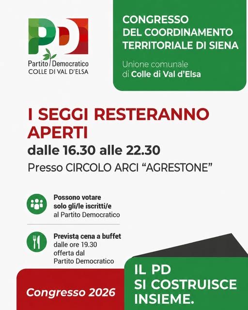 PD Colle di Val d'Elsa: sabato 23 maggio il Congresso all'Agrestone per il nuovo Segretario Provinciale