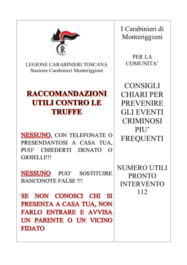 Pericolo truffe agli anziani a Monteriggioni