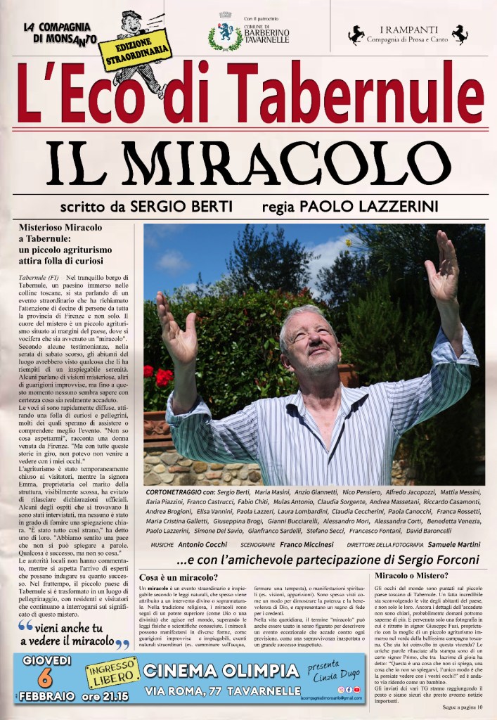 Barberino Tavarnelle, al cinema Olimpia il cortometraggio “Il miracolo”