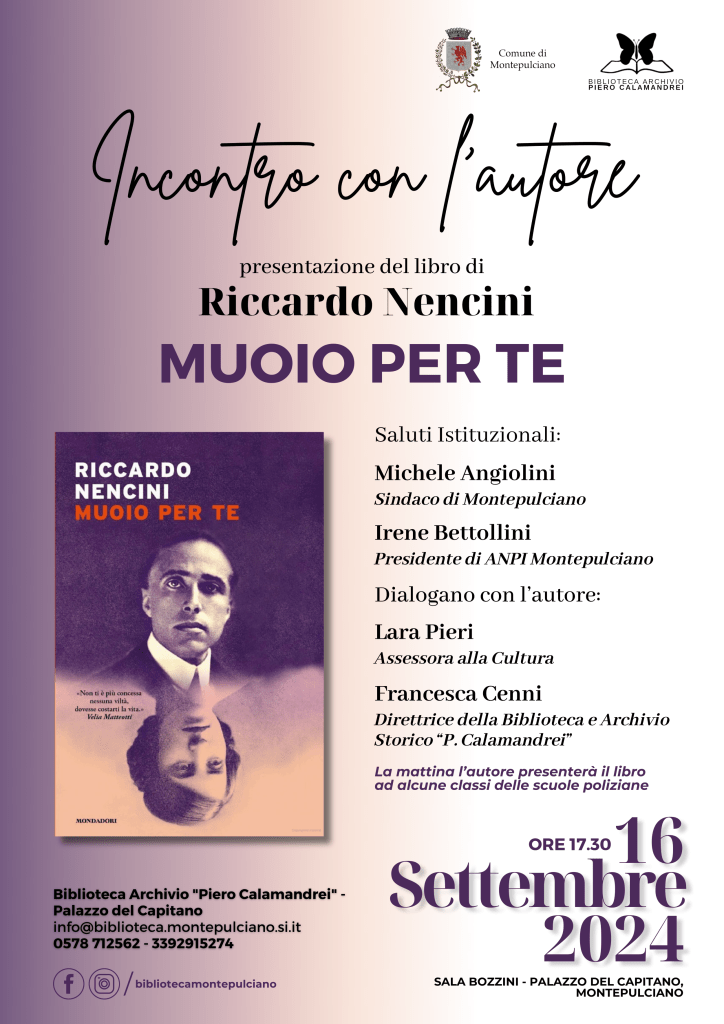 Montepulciano: Riccardo Nencini presenta “Muoio per te”, nuovo romanzo su Matteotti