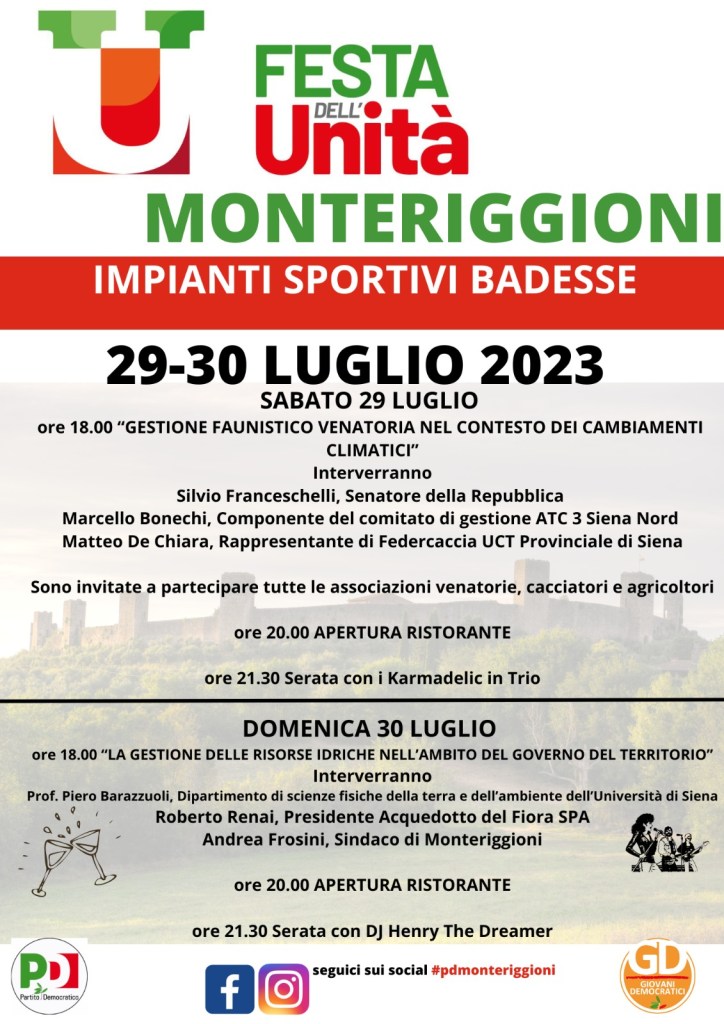 Monteriggioni, ecco programma della Festa dell’Unità