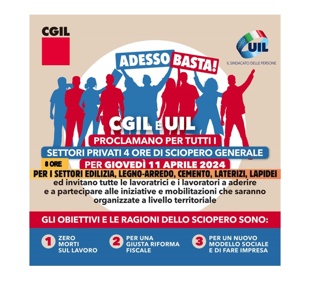 “Adesso Basta!”, giovedì 11 aprile sciopero generale Cgil e Uil