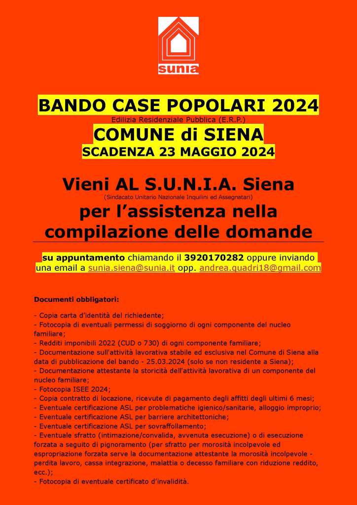 Siena, Bando Edilizia Residenziale Pubblica: il SUNIA assiste nella compilazione delle domande