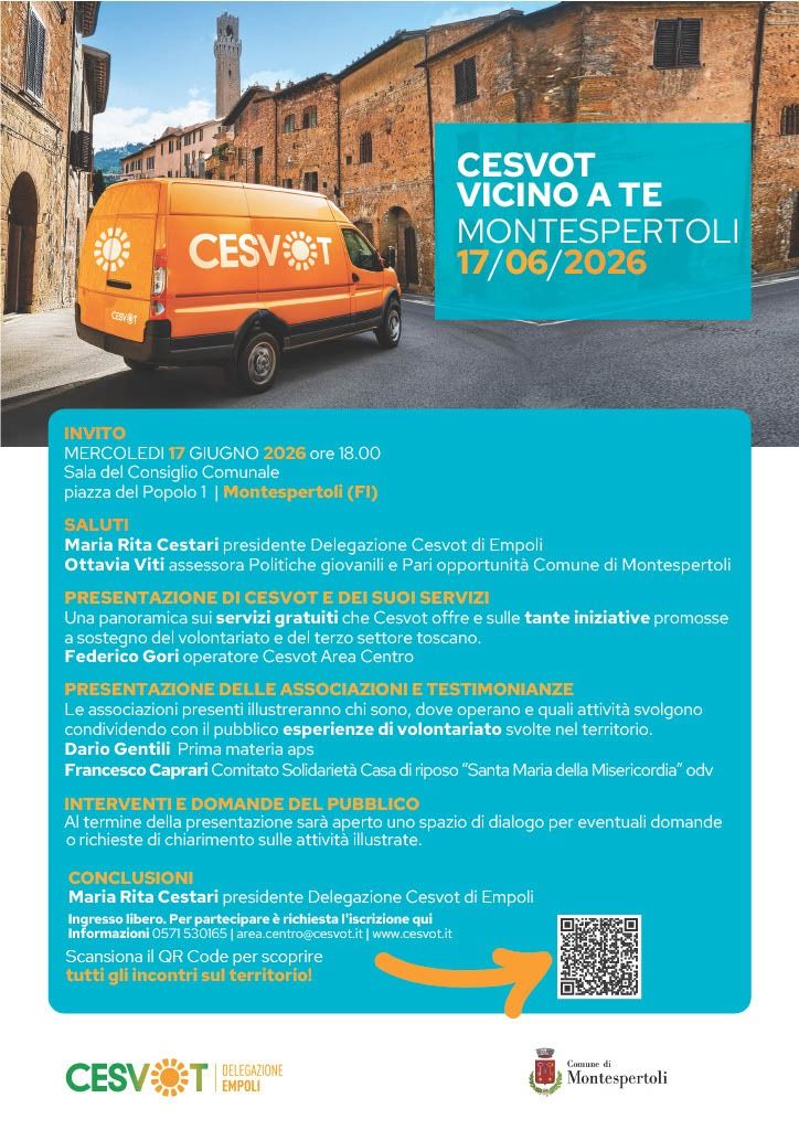 "Cesvot vicino a te" fa tappa a Montespertoli: il 17 giugno un incontro pubblico dedicato al volontariato