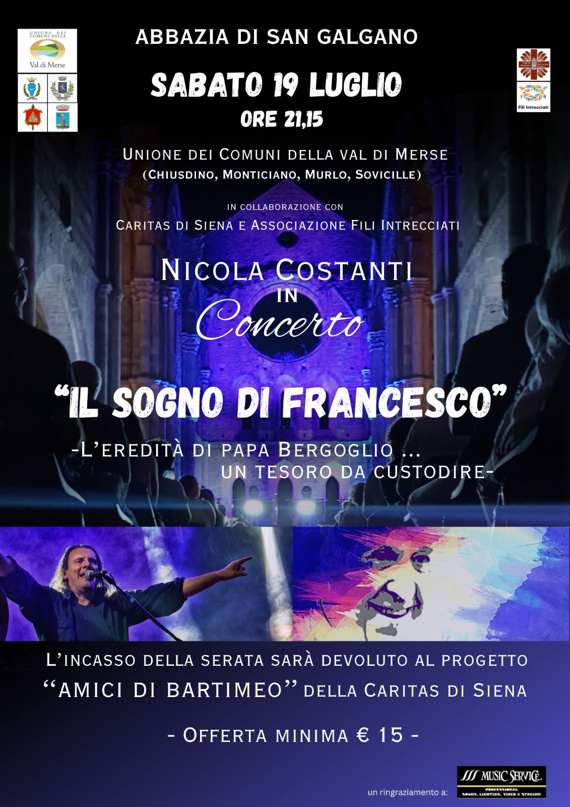 San Galgano, il 19 luglio concerto di Nicola Costanti per la Caritas