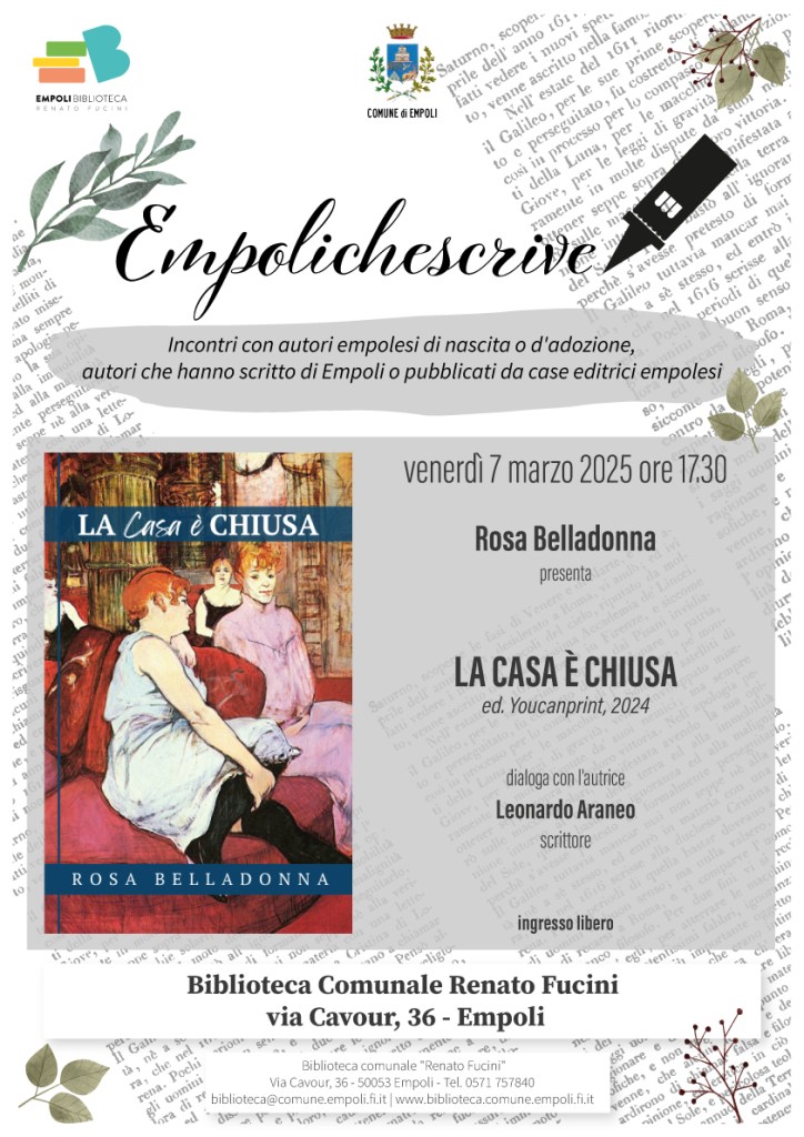 “Empoli che scrive”, Rosa Belladonna presenta il suo romanzo “La casa è chiusa”