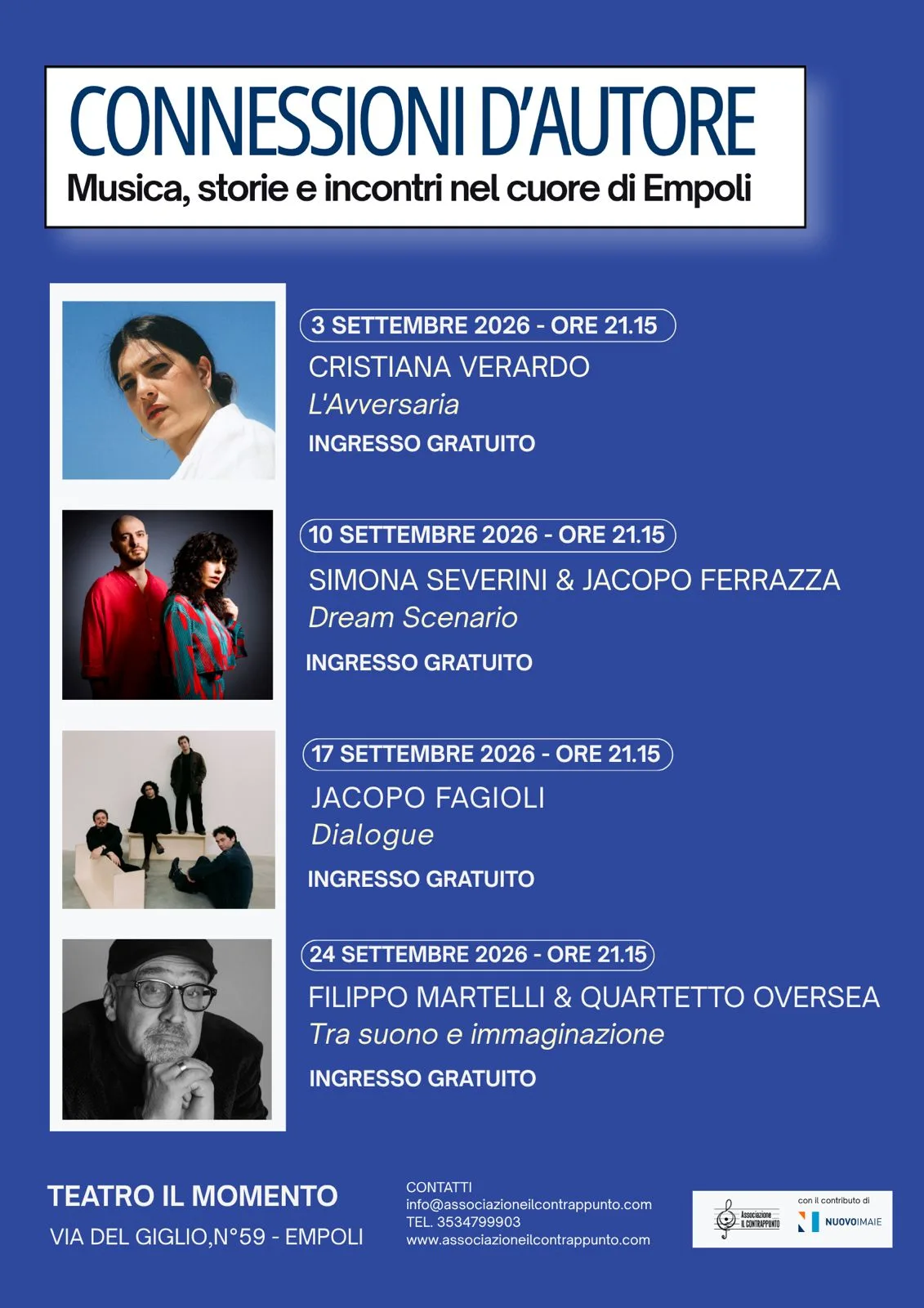Empoli, a settembre arriva “Connessioni d’autore”, quattro concerti gratuiti al Teatro Il Momento tra cantautorato, jazz, pop e nuove sonorità