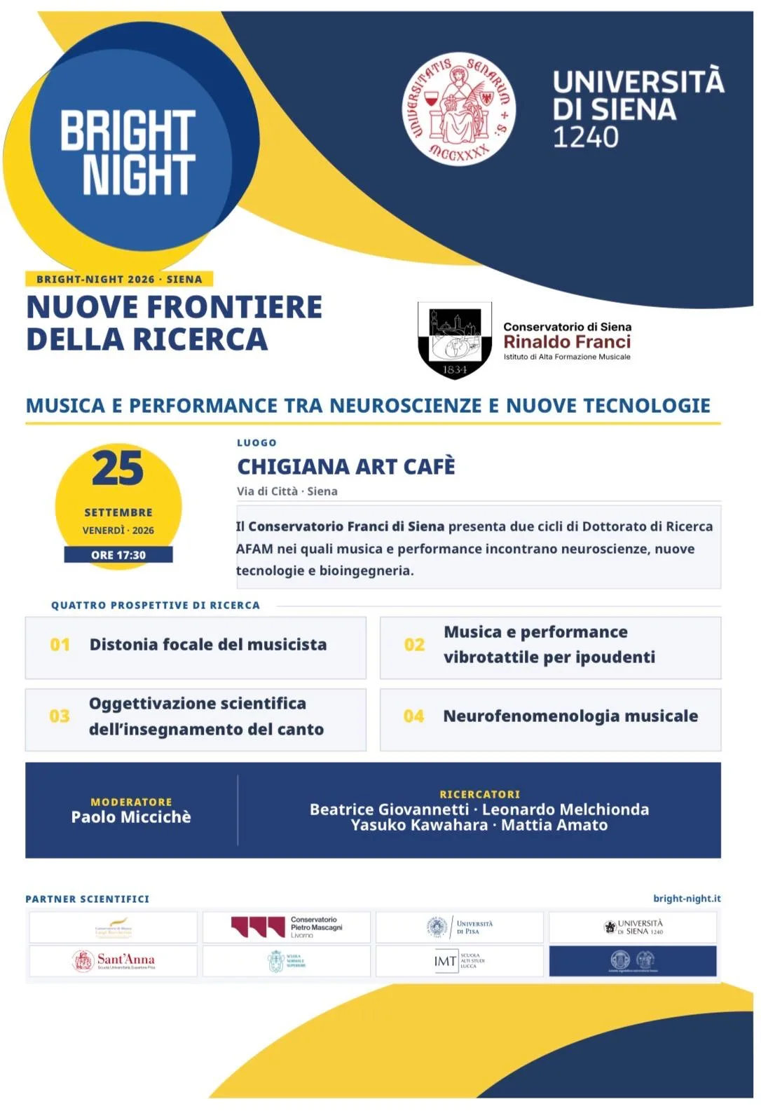 Bright Night 2026, quattro ricerche del Conservatorio Franci tra musica, neuroscienze e nuove tecnologie