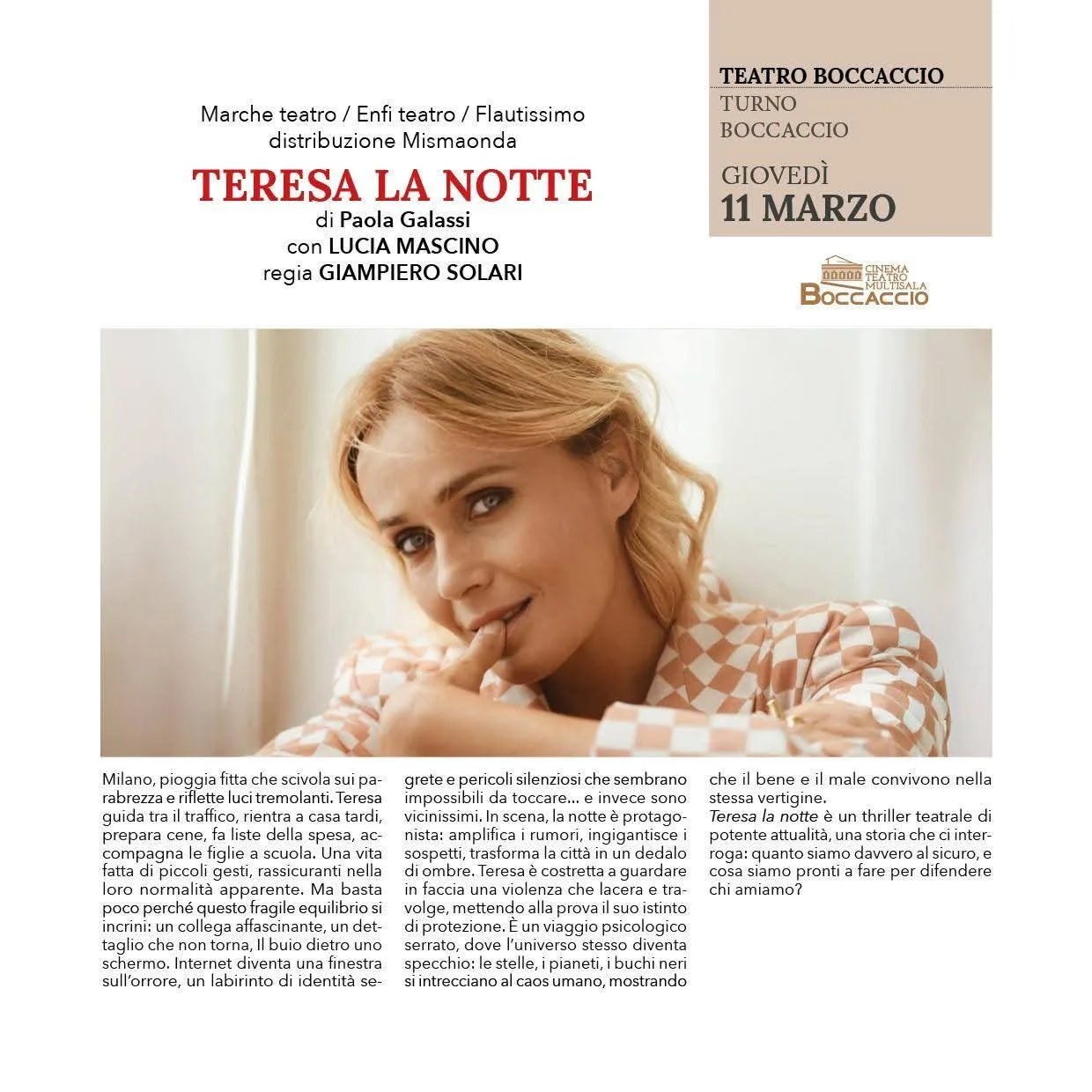 La nuova stagione teatrale a Certaldo: cinque appuntamenti al Teatro Boccaccio con Chiara Francini, Giobbe Covatta, Maria Amelia Monti e Giorgio Alberti, Lucia Mascino e Valerio Aprea