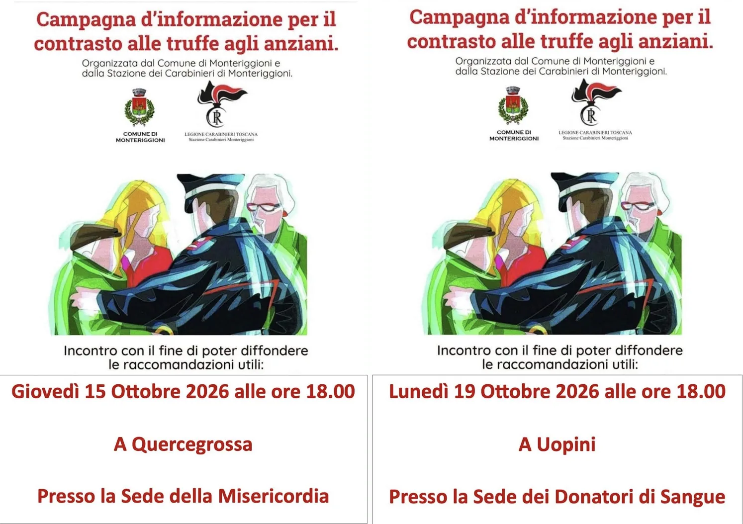 Come difendersi dalle truffe agli anziani: incontri informativi a Quercegrossa e Uopini