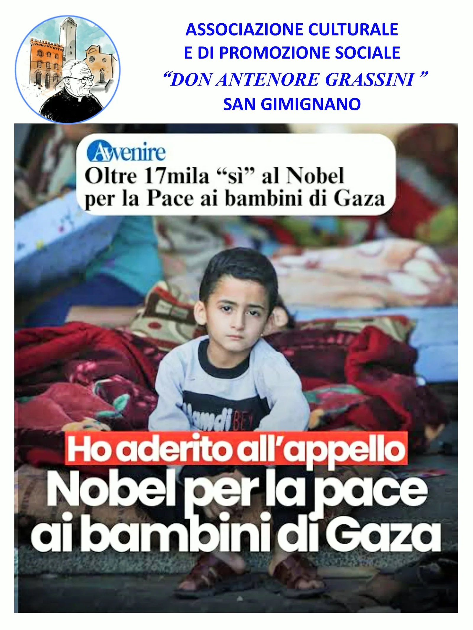 Premio Nobel per la Pace ai bambini di Gaza: l'Associazione "Don Antenore Grassini" di San Gimignano aderisce all'appello