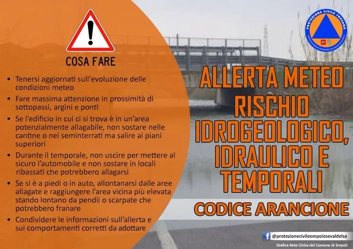 Empoli, allerta meteo arancione: sospese attività sportive all'aperto e nei parchi pubblici, chiusi i cimiteri