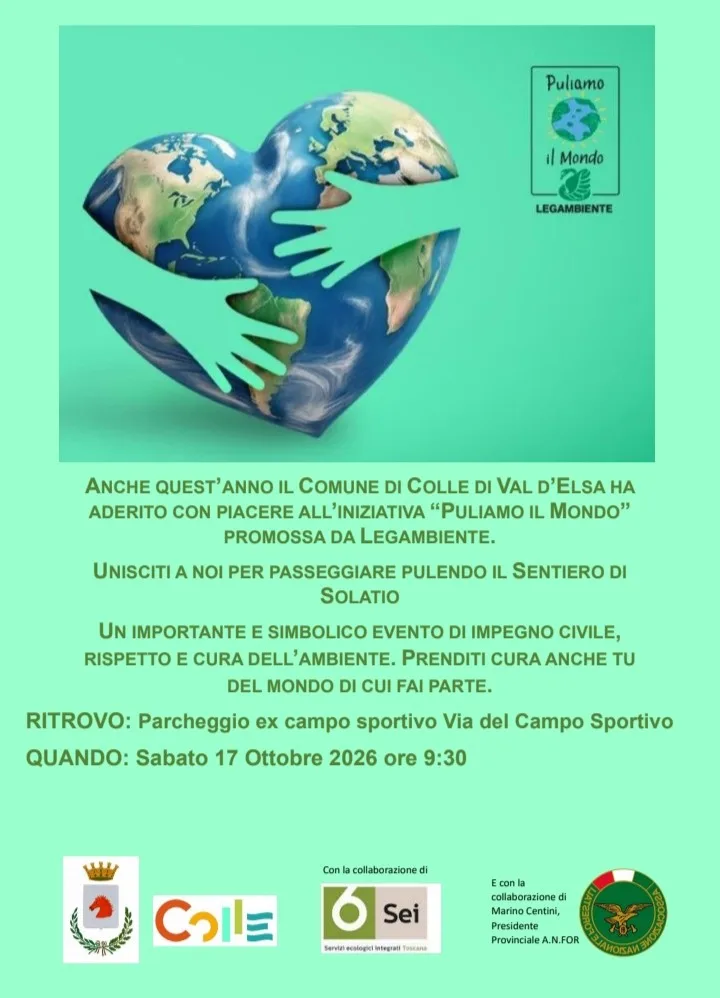 Colle di Val d’Elsa aderisce a “Puliamo il Mondo”: sabato 17 ottobre la pulizia del sentiero di Solatio