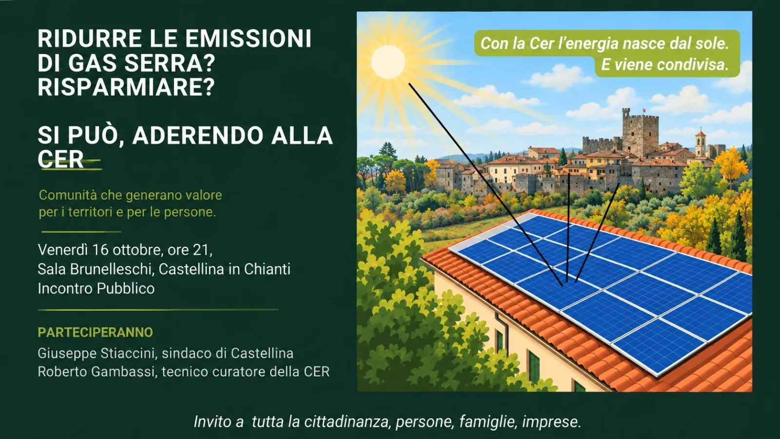 A Castellina in Chianti si presenta la Comunità Energetica, domani, 16 ottobre, alle 21 in Sala Brunelleschi