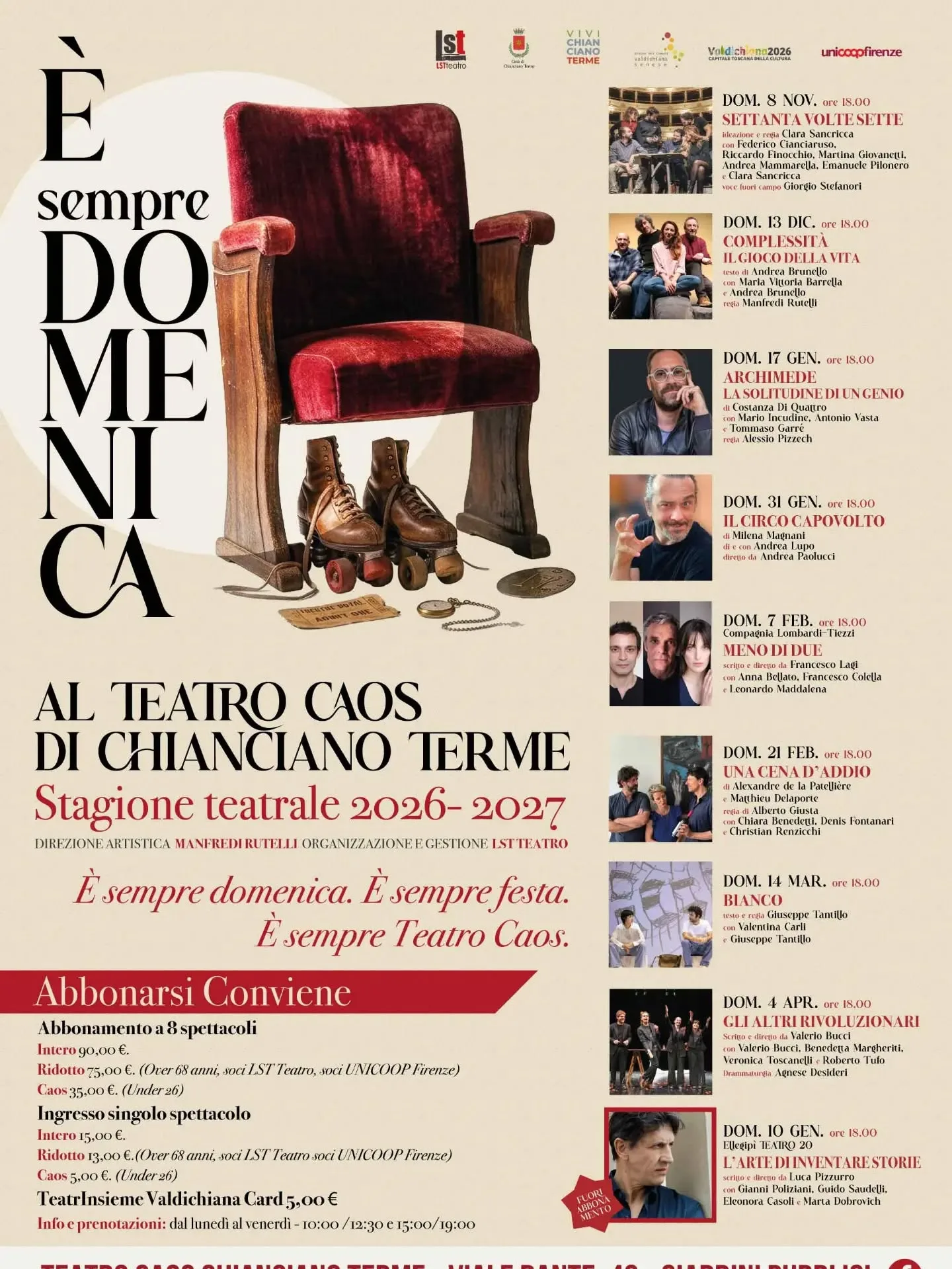 È sempre domenica al Teatro Caos: al via la nuova stagione teatrale 2026-2027 di Chianciano Terme