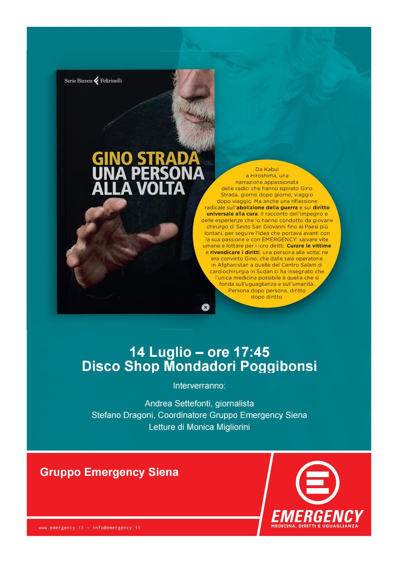 Il coraggio di Gino Strada in un libro: presentazione a Poggibonsi di Una persona alla volta