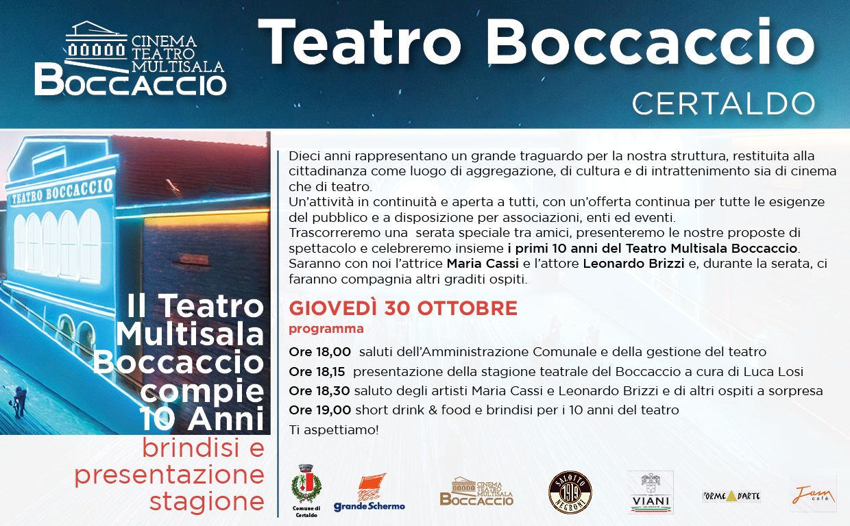 Il Teatro Multisala Boccaccio compie 10 anni: una serata di festa, spettacolo e anteprime