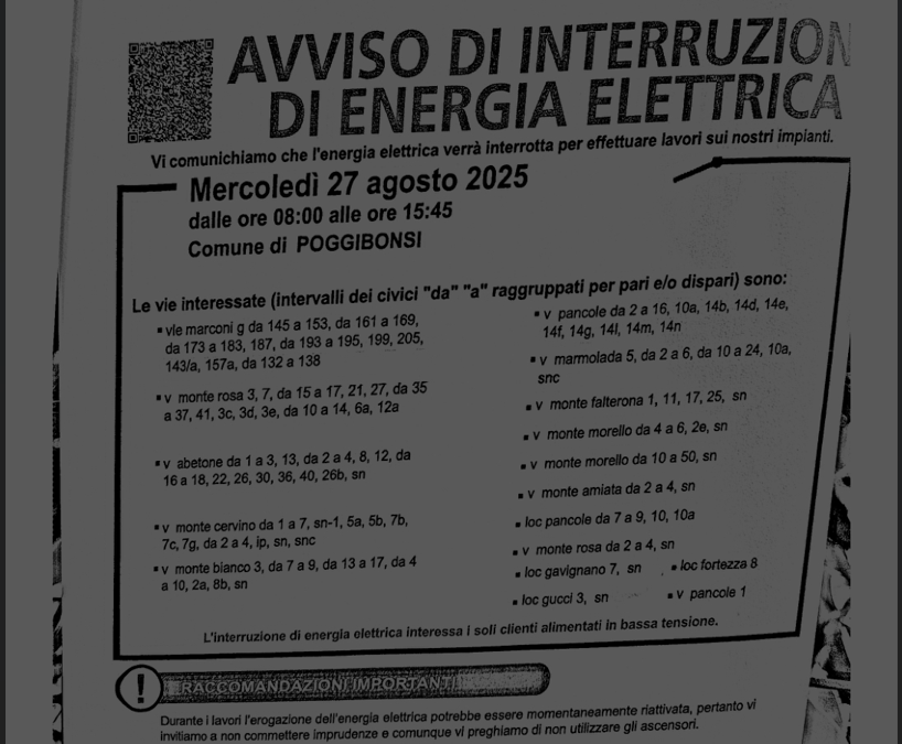 Interruzione di corrente a Poggibonsi: lavori in corso mercoledì 27 agosto