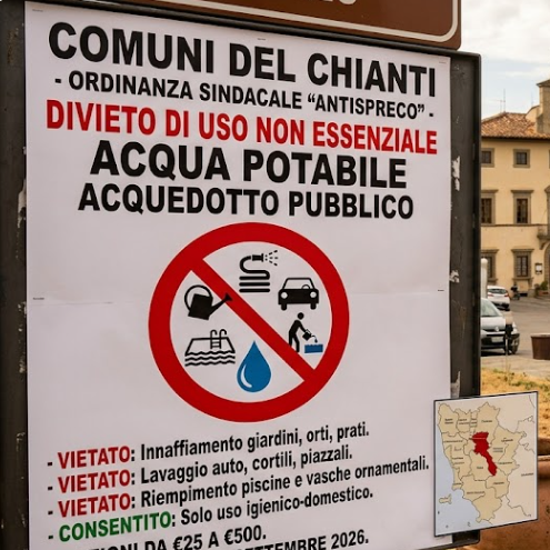 Acqua potabile dell&rsquo;acquedotto pubblico, nel Chianti scatta l&rsquo;ordinanza antispreco