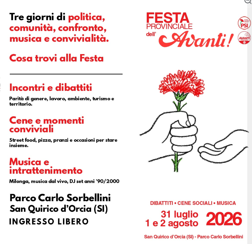 Festa provinciale dell'Avanti: dal 31 luglio al 2 agosto tre giorni di politica e intrattenimento a San Quirico d'Orcia