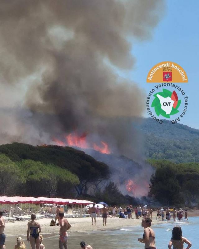 Paura per un incendio nella pineta tra Follonica e Puntone. Strada chiusa, litorale evacuato