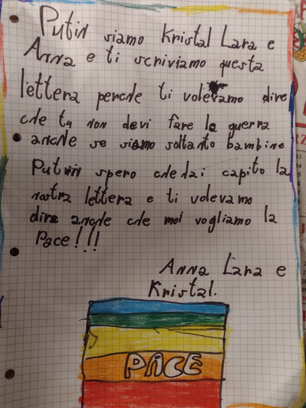 «Putin  non devi fare questa guerra», 3 bambine di Colle scrivono al leader russo