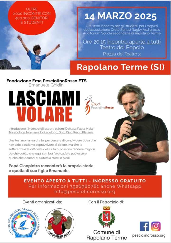 Rapolano ospita “Lasciami volare”: incontro per riflettere sui giovani con la Fondazione Ema Pesciolino Rosso ETS