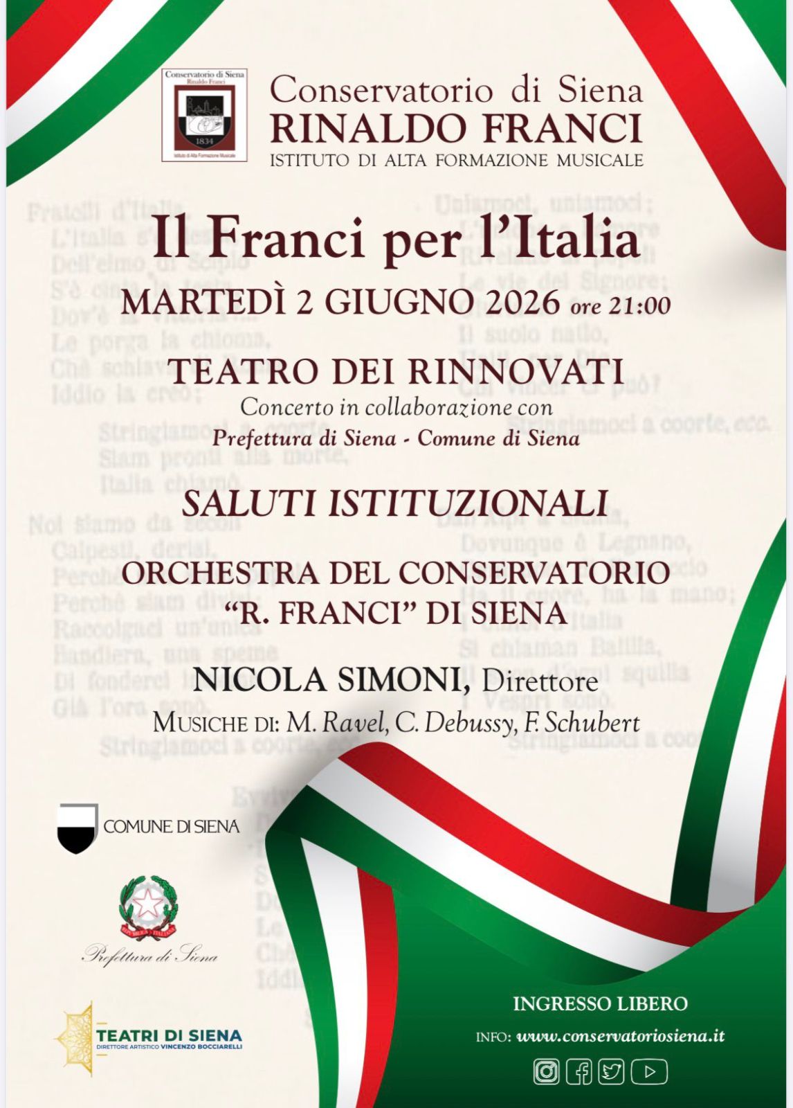 L&rsquo;Orchestra del Franci sul palco dei Rinnovati con &ldquo;Il Franci per l&rsquo;Italia&rdquo;