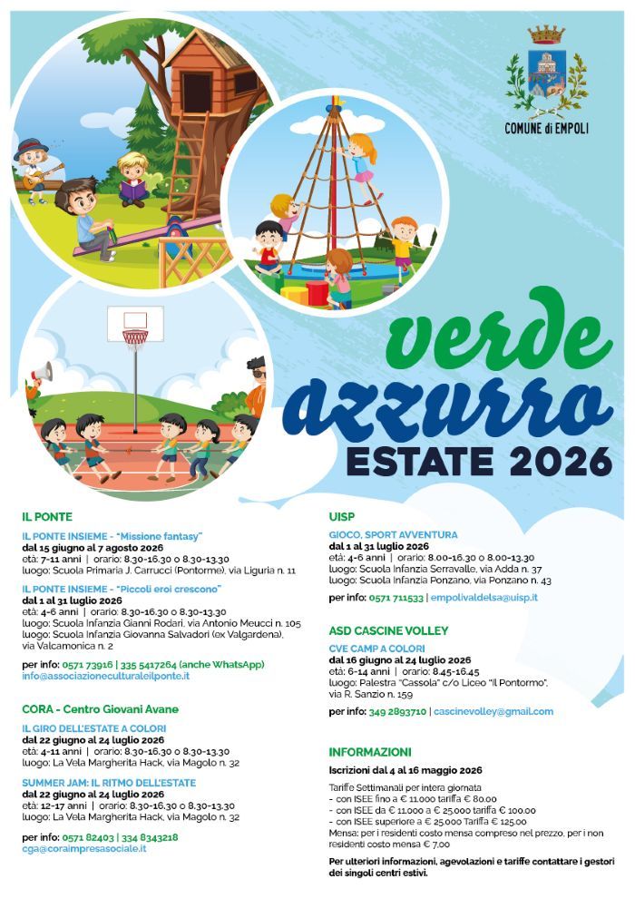 Empoli, al via dal 4 maggio le iscrizioni ai centri estivi VerdeAzzurro 2026