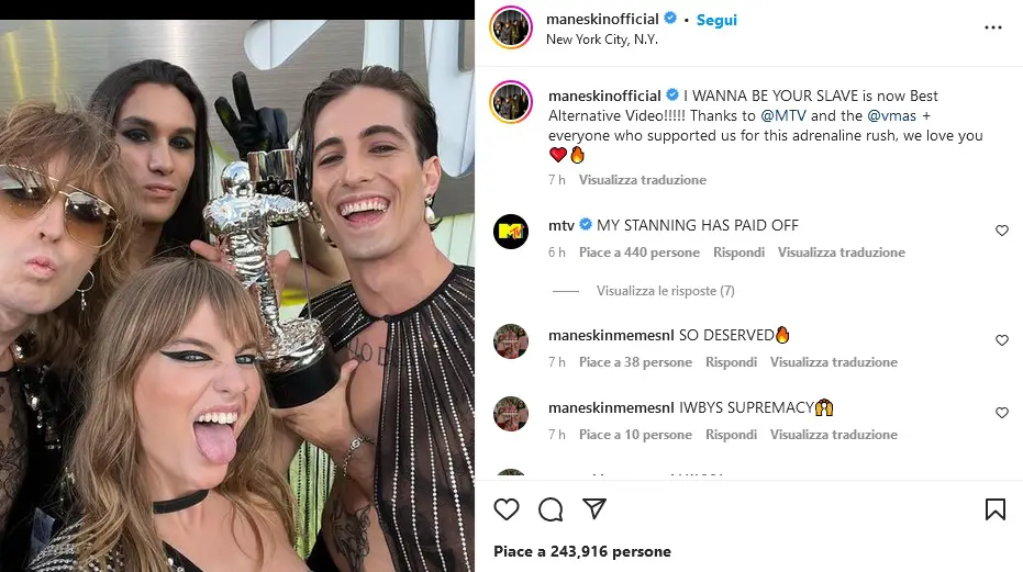 Ai Mtv Vmas i Maneskin vincono il ‘Best Alternative Video’ e infiammano il palco