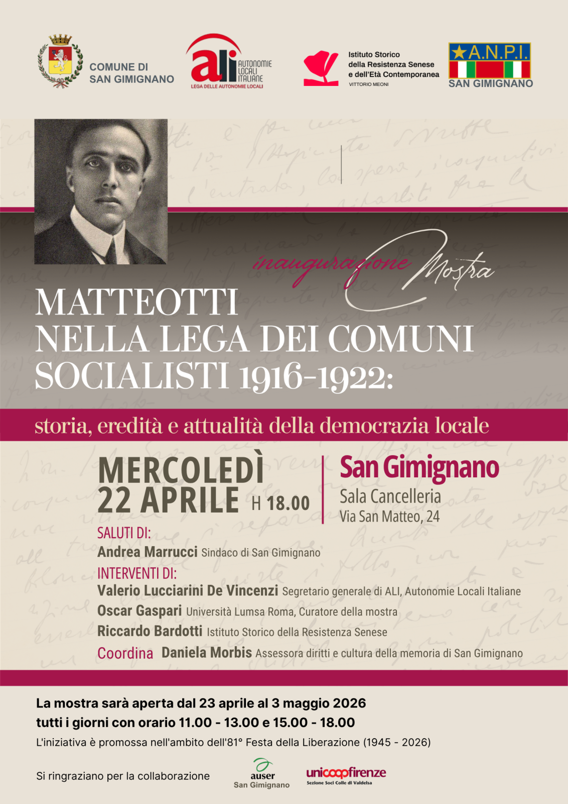 Matteotti e la democrazia locale: a San Gimignano arriva la mostra itinerante dedicata alla sua figura dal 1916 al 1922