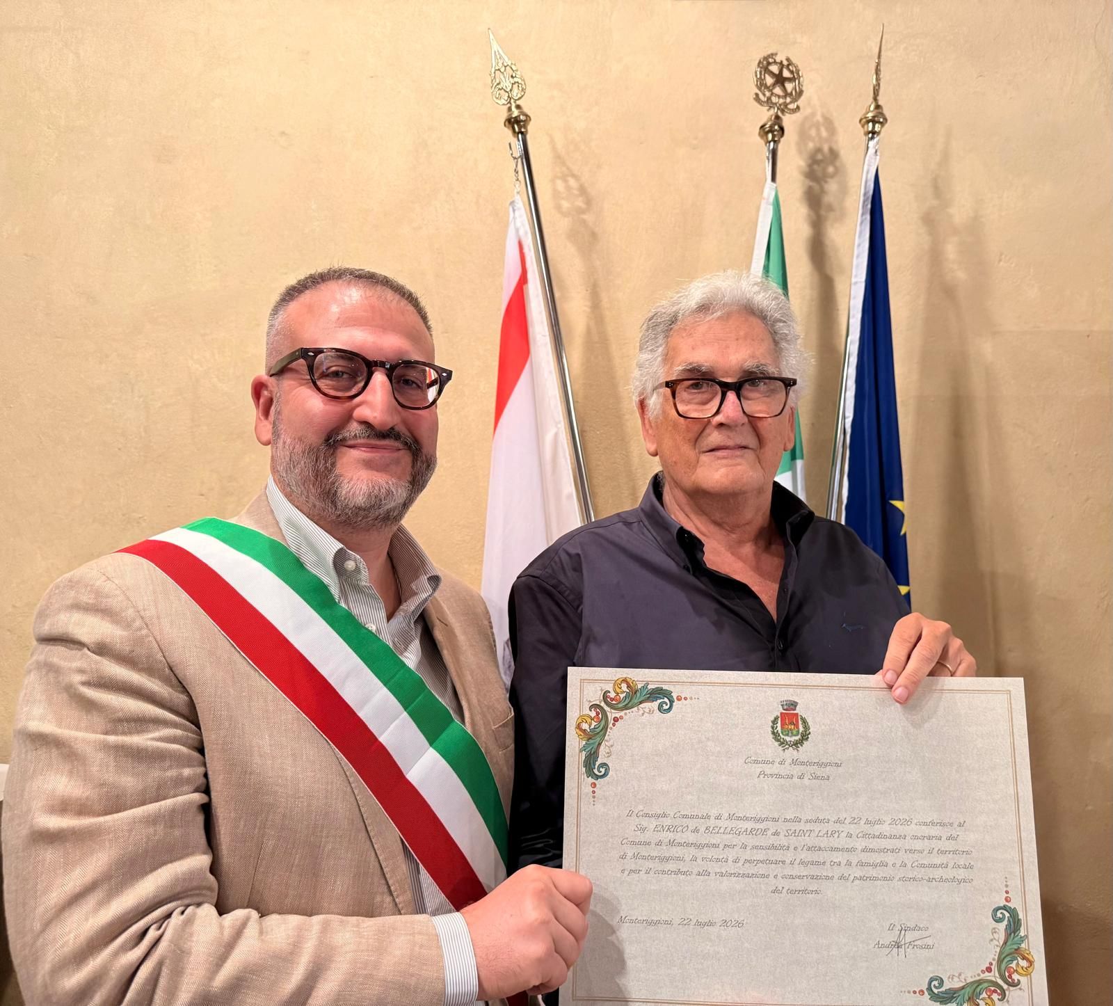 Monteriggioni conferisce la Cittadinanza Onoraria a Enrico de Bellegarde de Saint Lary: donazione storica al Museo Archeologico
