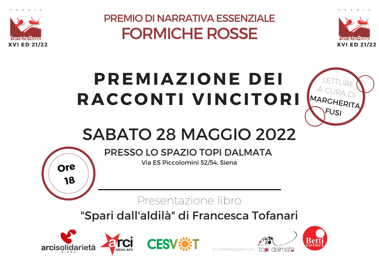 Formiche rosse premia la narrativa essenziale, sabato la cerimonia a Siena