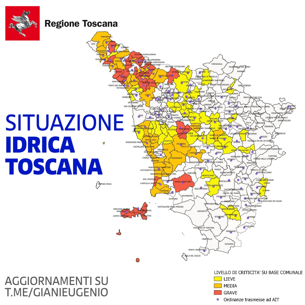 Criticità  grave per la mancanza di acqua in alcuni Comuni della Valdelsa e del Chianti