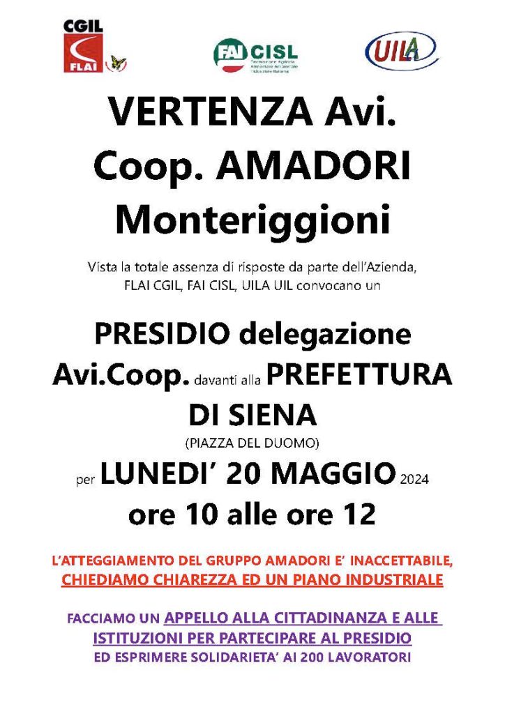 AVI.COOP: oggi il presidio davanti alla Prefettura di Siena