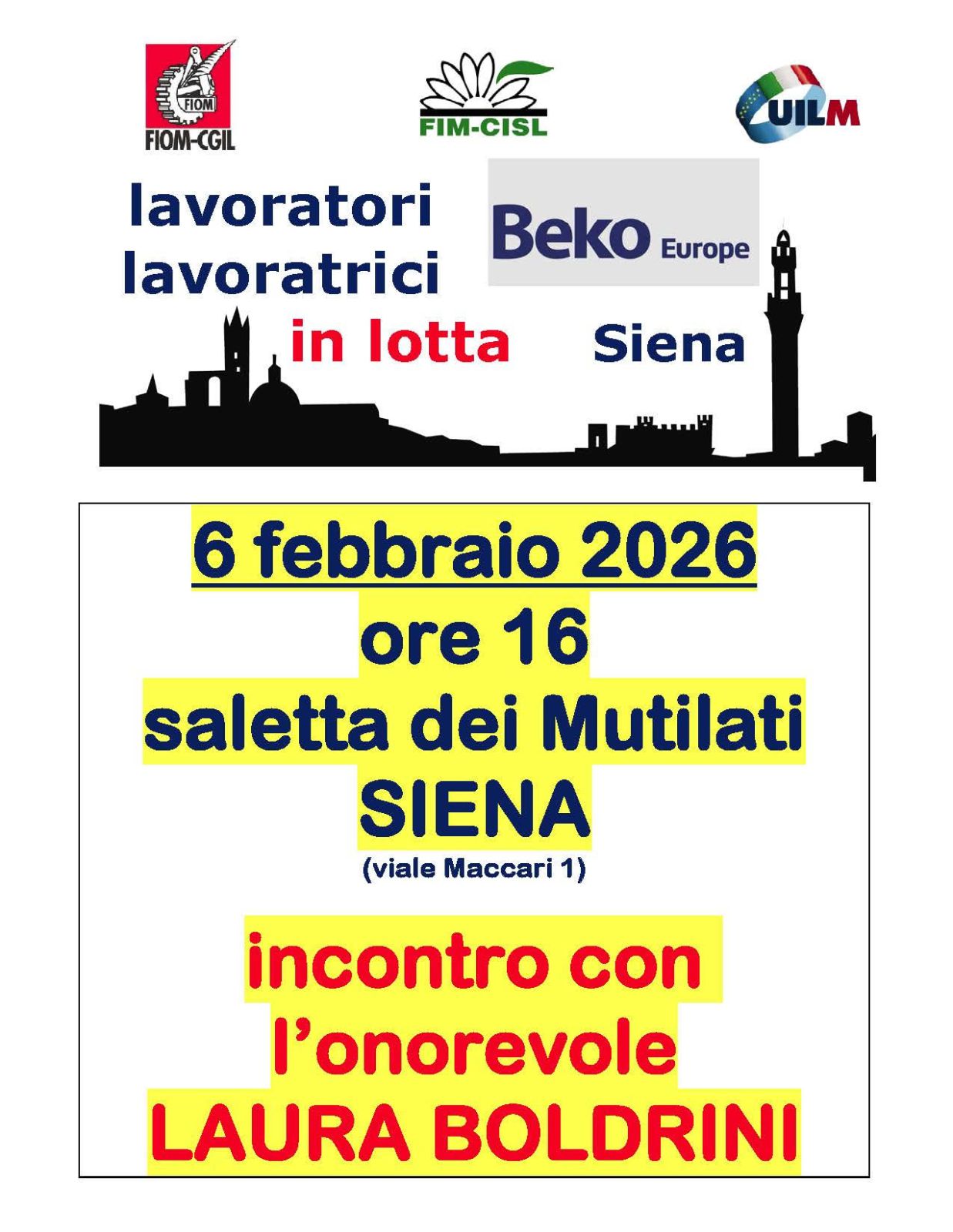 Beko Europe Siena in crisi: incontro con Laura Boldrini il 6 febbraio