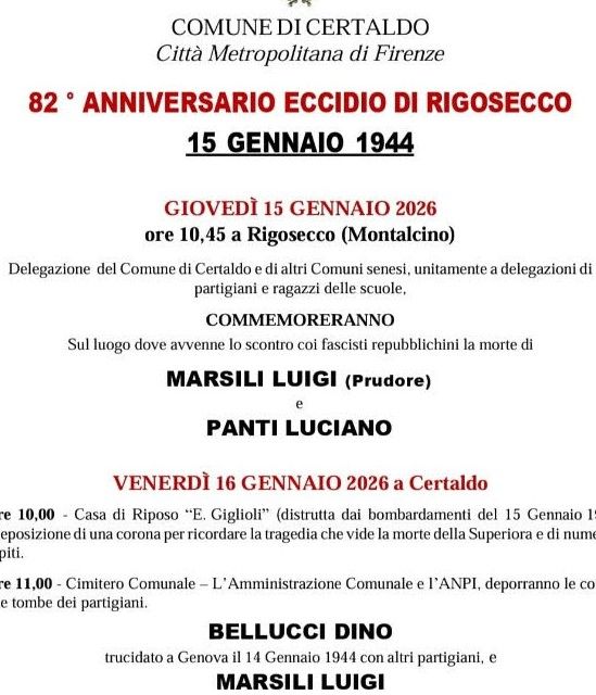 Certaldo non dimentica: al via le celebrazioni per l&rsquo;82&deg; anniversario dell&rsquo;Eccidio di Rigosecco
