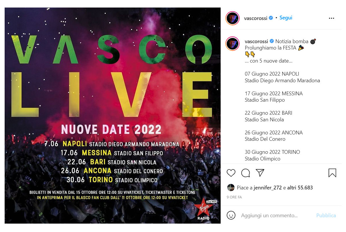 Nuove date per Vasco Rossi, ecco il calendario aggiornato