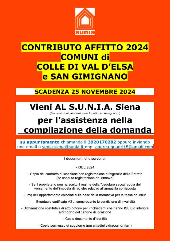 Contributo affitto 2024 dei Comuni di Colle di Val d’Elsa e San Gimignano: domande entro il 25 novembre