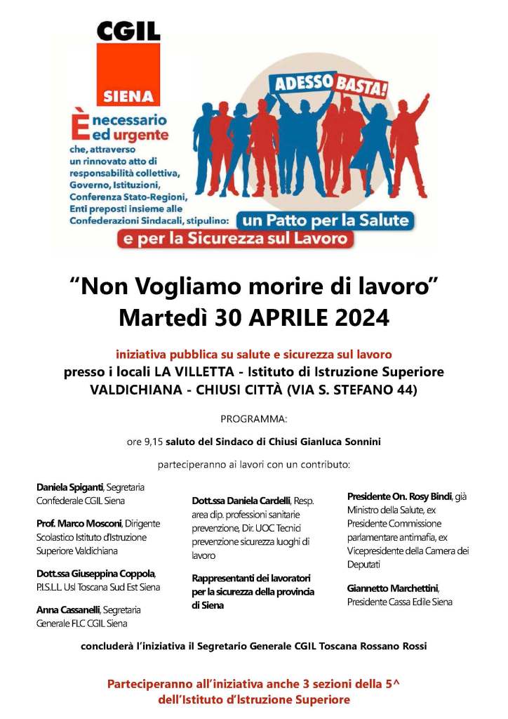 Chiusi, “Non Vogliamo morire di lavoro”: martedì iniziativa della Cgil