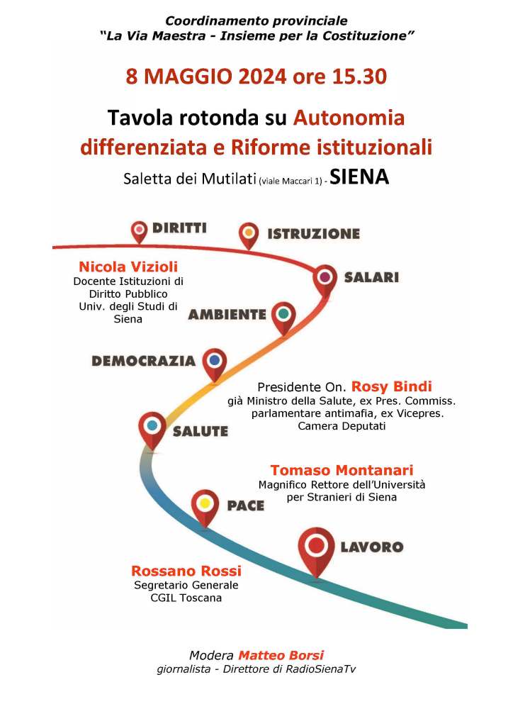 ‘Autonomia differenziata e Riforme istituzionali’: a Siena tavola rotonda mercoledì 8 maggio