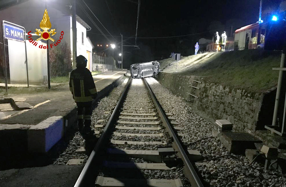 Paura nella notte, si ribalta con l'auto e finisce sui binari
