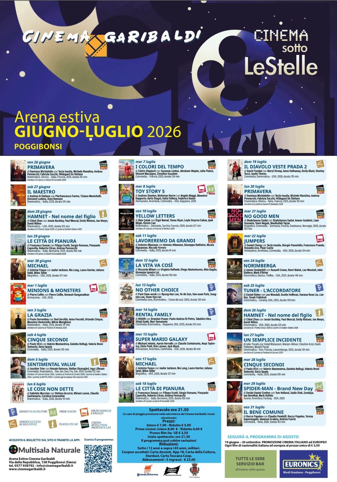Poggibonsi, torna il &ldquo;Cinema sotto le Stelle&rdquo;: grandi successi e l'iniziativa &ldquo;Cinema Revolution&rdquo; a 3,50 euro