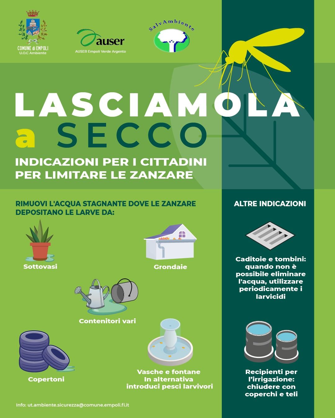&ldquo;Lasciamola a secco&rdquo;, ecco le azioni della campagna informativa sugli interventi pubblici e privati contro le zanzare